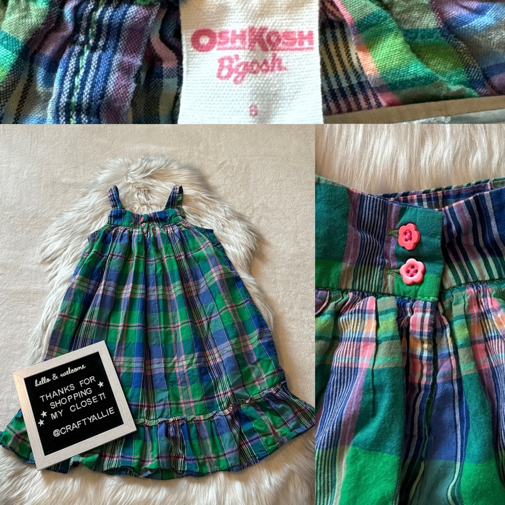OshKosh B'gosh Green Blue & Pink Plaid Dress with Button Accents | Girls 8
